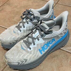 Hoka Light Gray and Blue Athletic Shoes